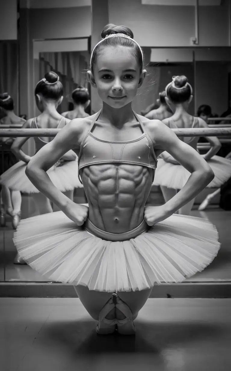 8 years old russian ballerina, muscular, showing her belly, at ballet class