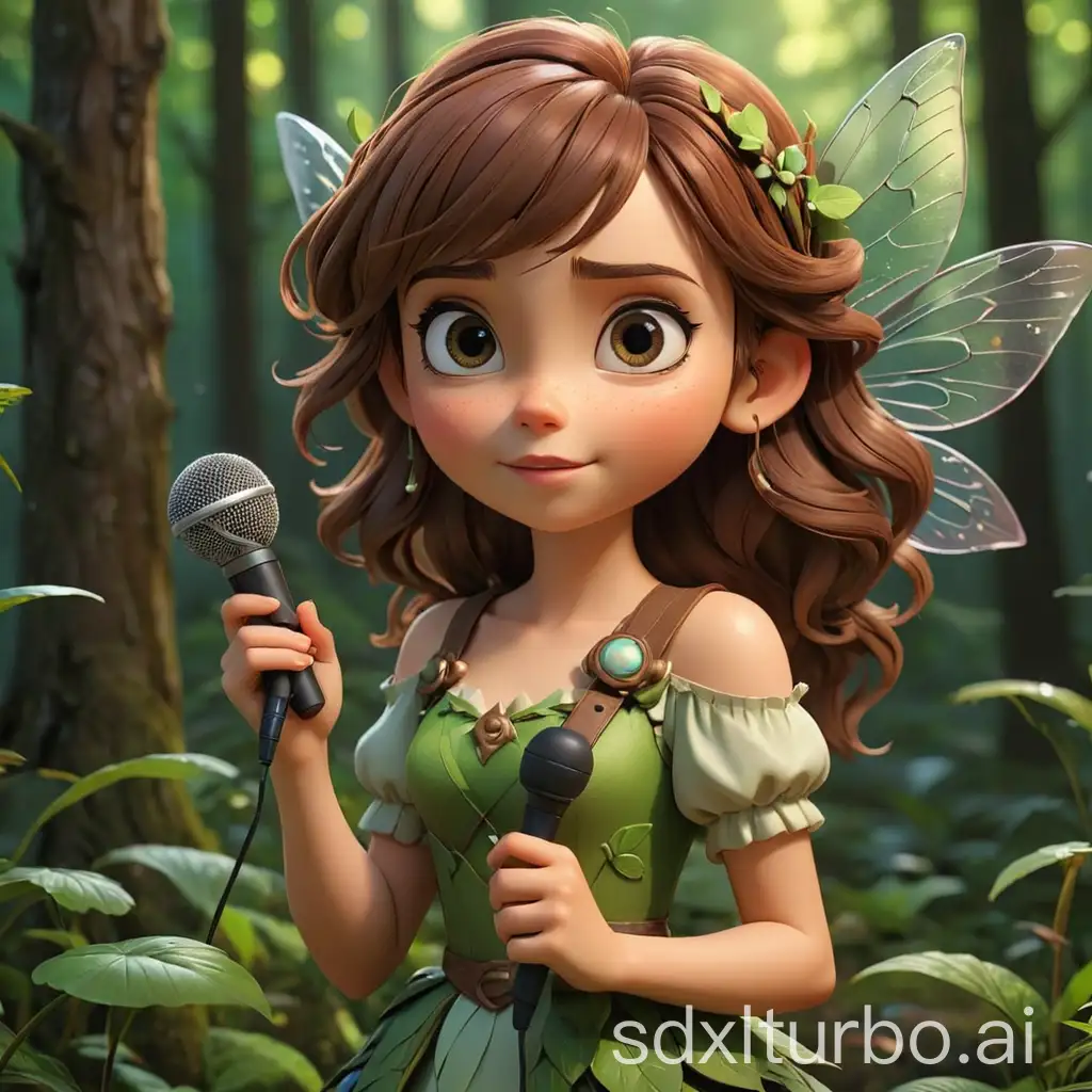 3D cartoon girl with fairy look that hold a microphone in mystiqe wood