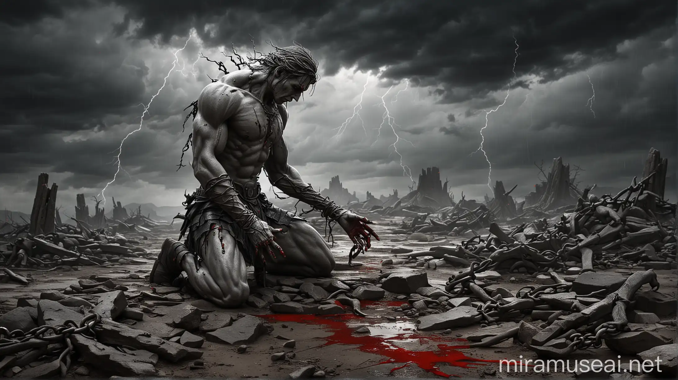 Grieving Warrior in Storm Confronting Inner Demons Amidst Haunting Memories