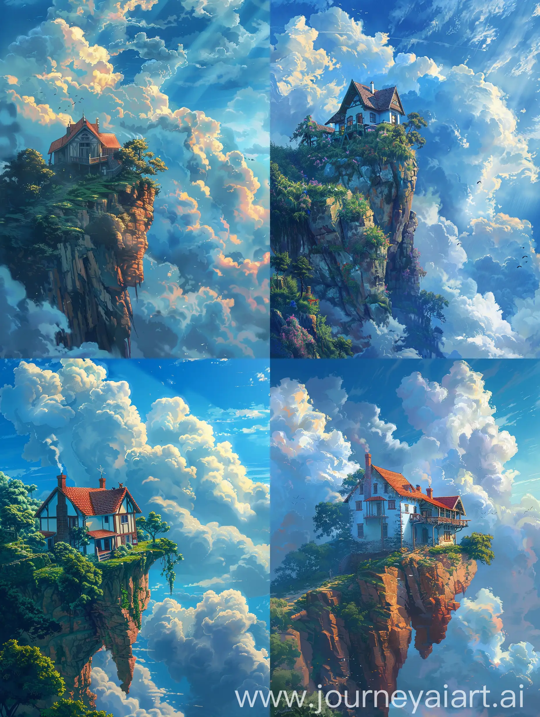 Anime-Fantasy-Landscape-House-on-Cliff-in-the-Sky-with-Puffy-Clouds
