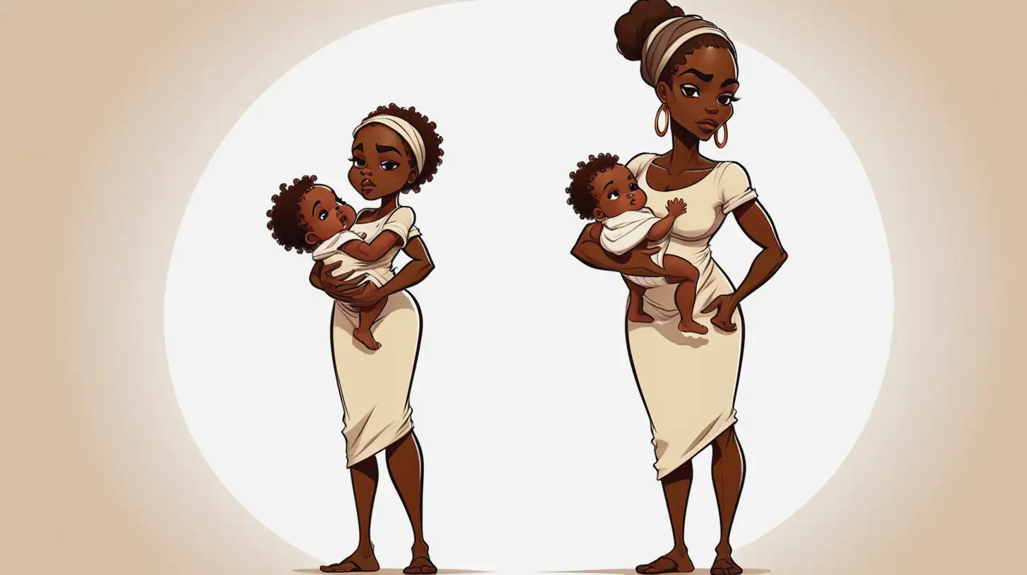 Cartoon African American Woman Holding Baby Walking Proudly