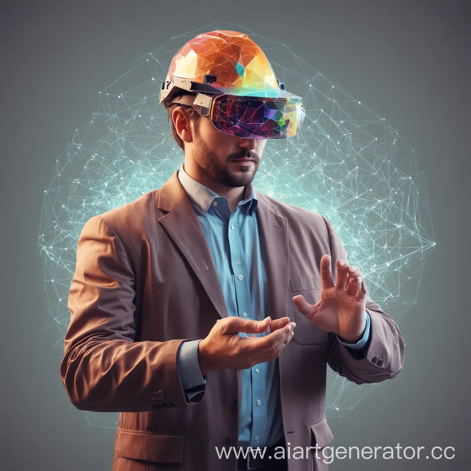 An abstract image of low poly, colorful, with lines and dots of a male engineer builder in a virtual reality helmet and helmet, holding in his hands a projection of a building hologram in a modern minimalist style. Vector background with low poly count in 3D.