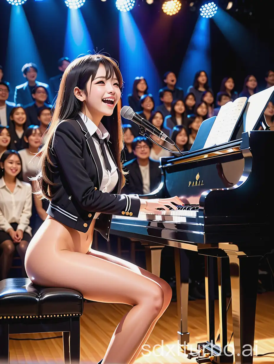 1 girl, naked, cute, smiling, idol, idol costume, stage lights, open mouth, playing piano, music, watching piano, jacket, 3D, shirt, black long hair, piano, sitting on chair, stage performance hall, crowd, side, performing on stage, many spectators under the stage