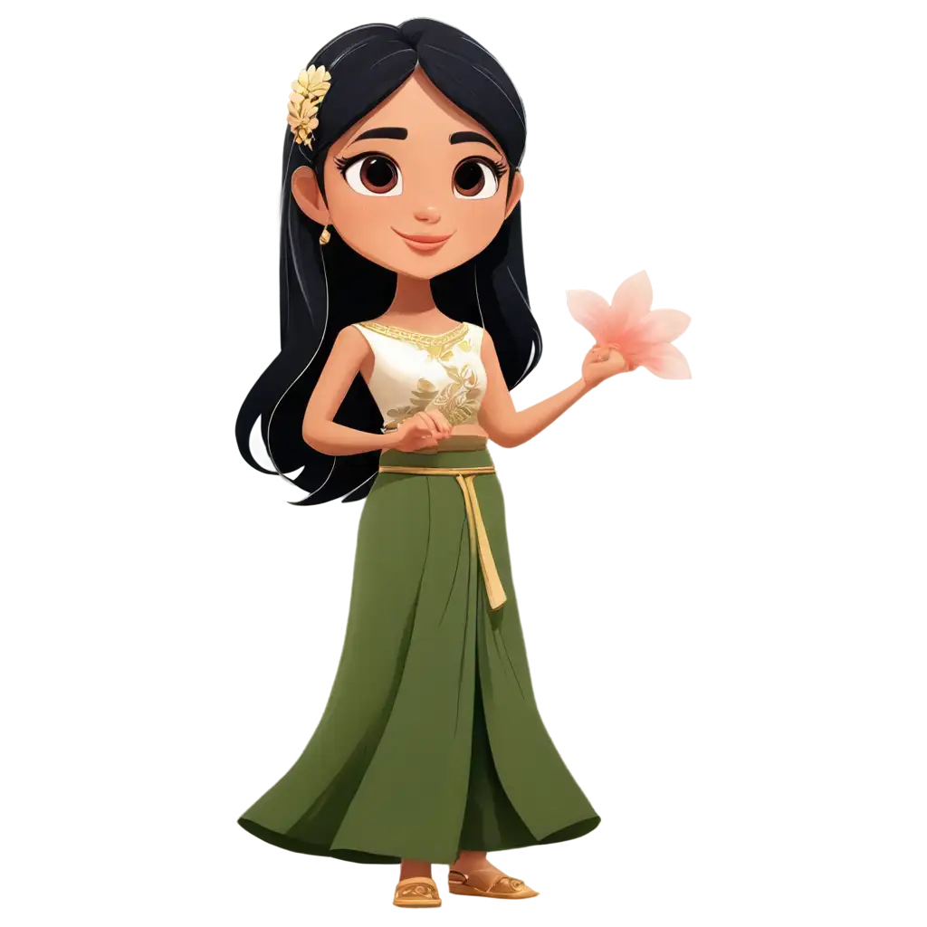 beautiful black long hair thai girl with thai traditional dress in cartoon version