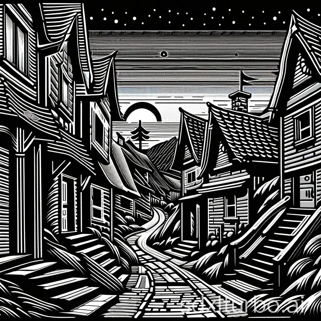style of 1981 Dungeons and Dragons, by David C. Sutherland III, 1bit bw, woodcut, wide shot, a gang of thieves, in street of village, cloudy night,