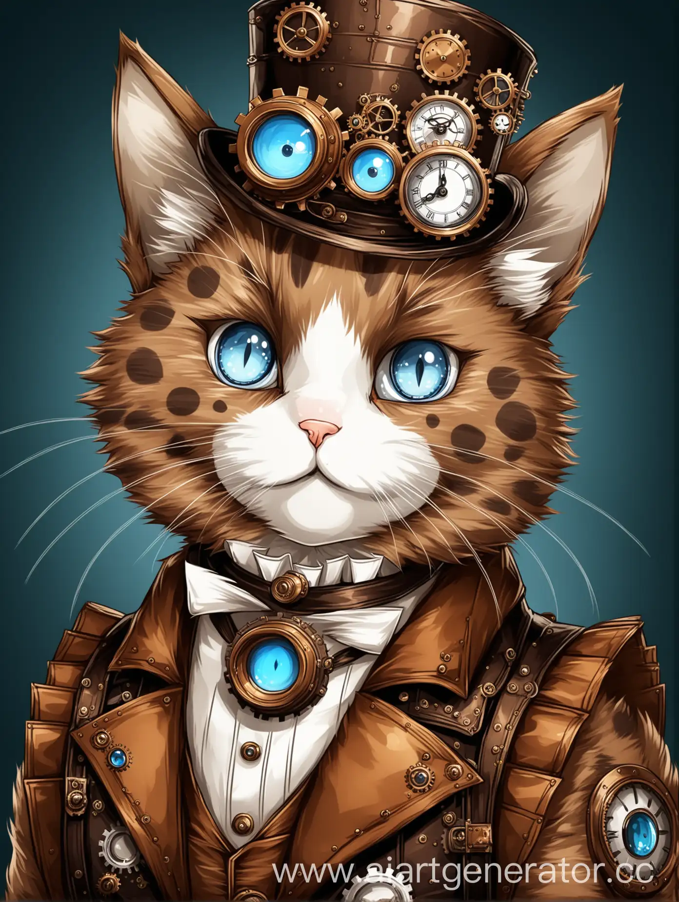 a cat with brown fur and white spots, blue eyes in steampunk style