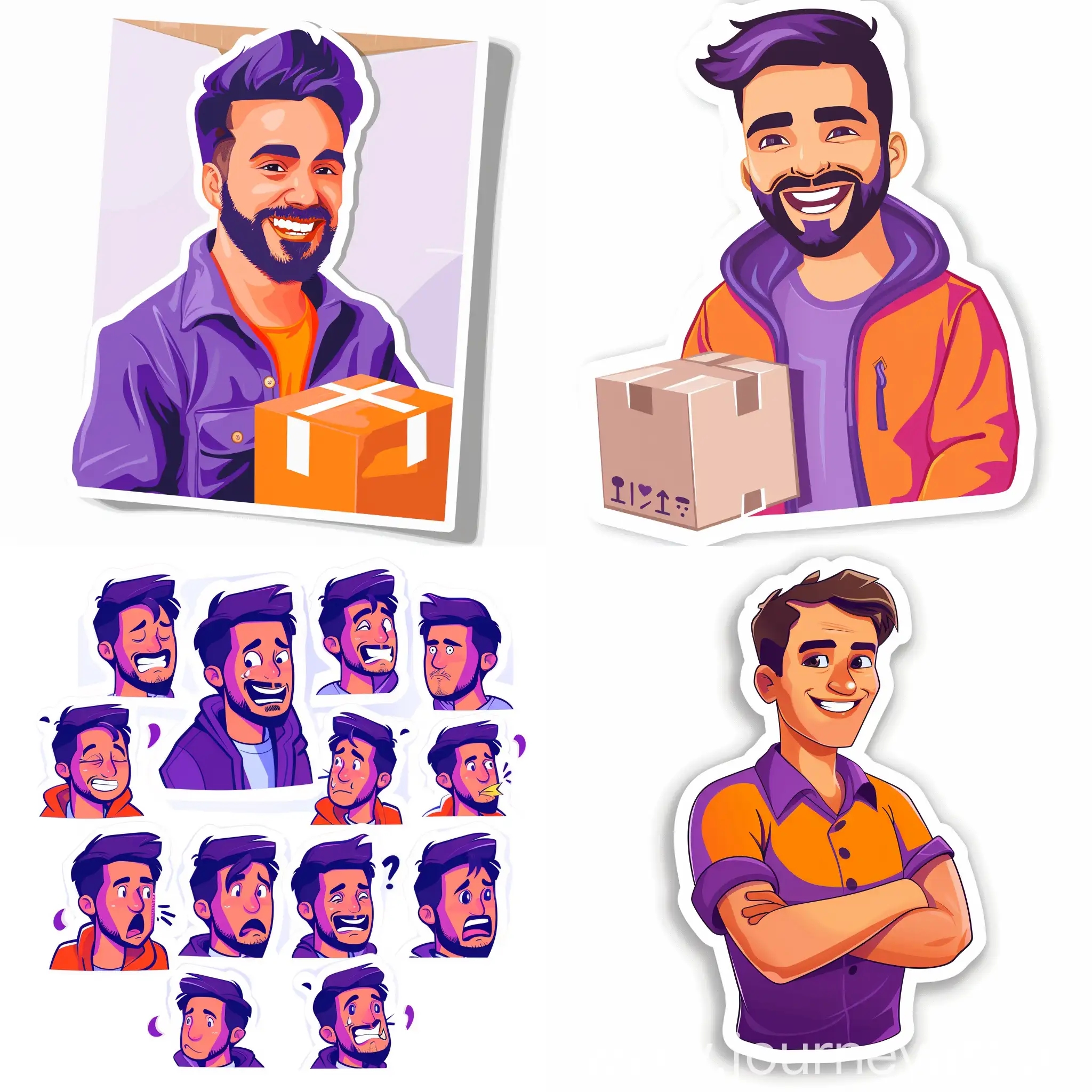 sticker pack with 1 emotion, bright emotion, vector, on a white background, rich colors, box man, orange color, purple color, smile, brother-in-law