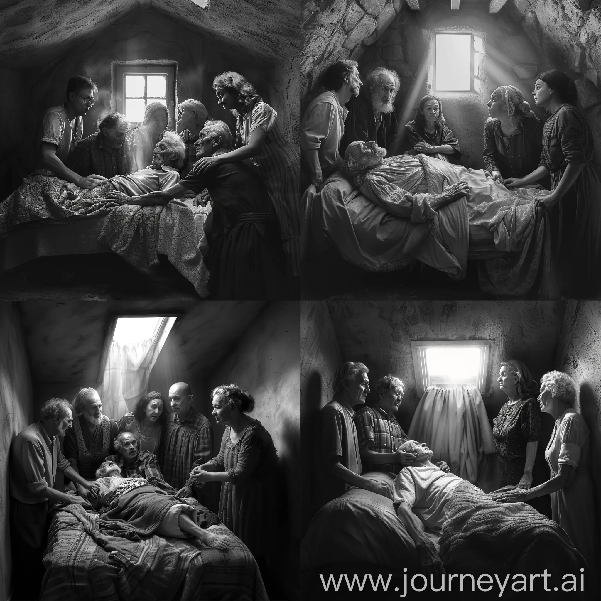 In a cramped room with only a small window of light shining in, an old man is lying on a bed who appears to be dead. Family members include an old woman who is being comforted by a middle-aged woman on the right side of the bed and three middle-aged men on the left side of the bed. and they all look at the old man with a sad expression. The photo should be monochrome
