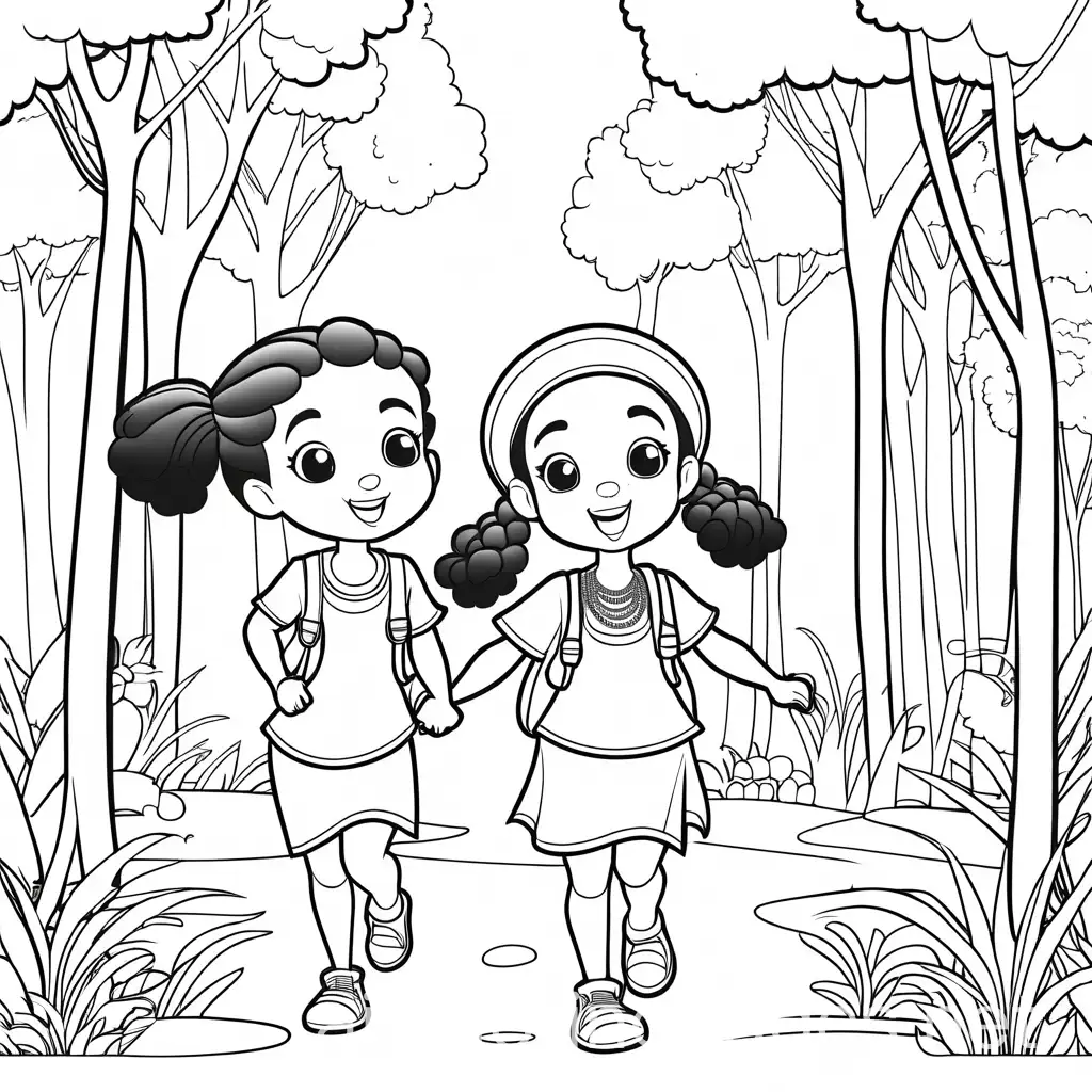 black and white cartoon drawing of two excited girls, one is wearing an safari outfit, the other is african girl, wearing traditional african beads with white skin colour, with trees   in the background Coloring Page, black and white, line art, white background, Simplicity, Ample White Space. The background of the coloring page is plain white to make it easy for young children to color within the lines. The outlines of all the subjects are easy to distinguish, making it simple for kids to color without too much difficulty, Coloring Page, black and white, line art, white background, Simplicity, Ample White Space. The background of the coloring page is plain white to make it easy for young children to color within the lines. The outlines of all the subjects are easy to distinguish, making it simple for kids to color without too much difficulty