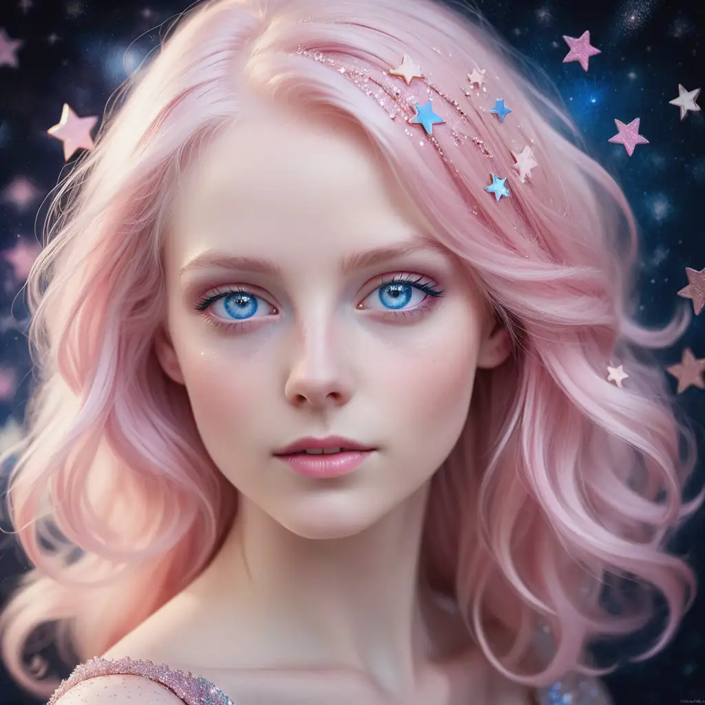 Enchanting Dream Portrait Woman with Pale Pink Hair and Sparkling Stars