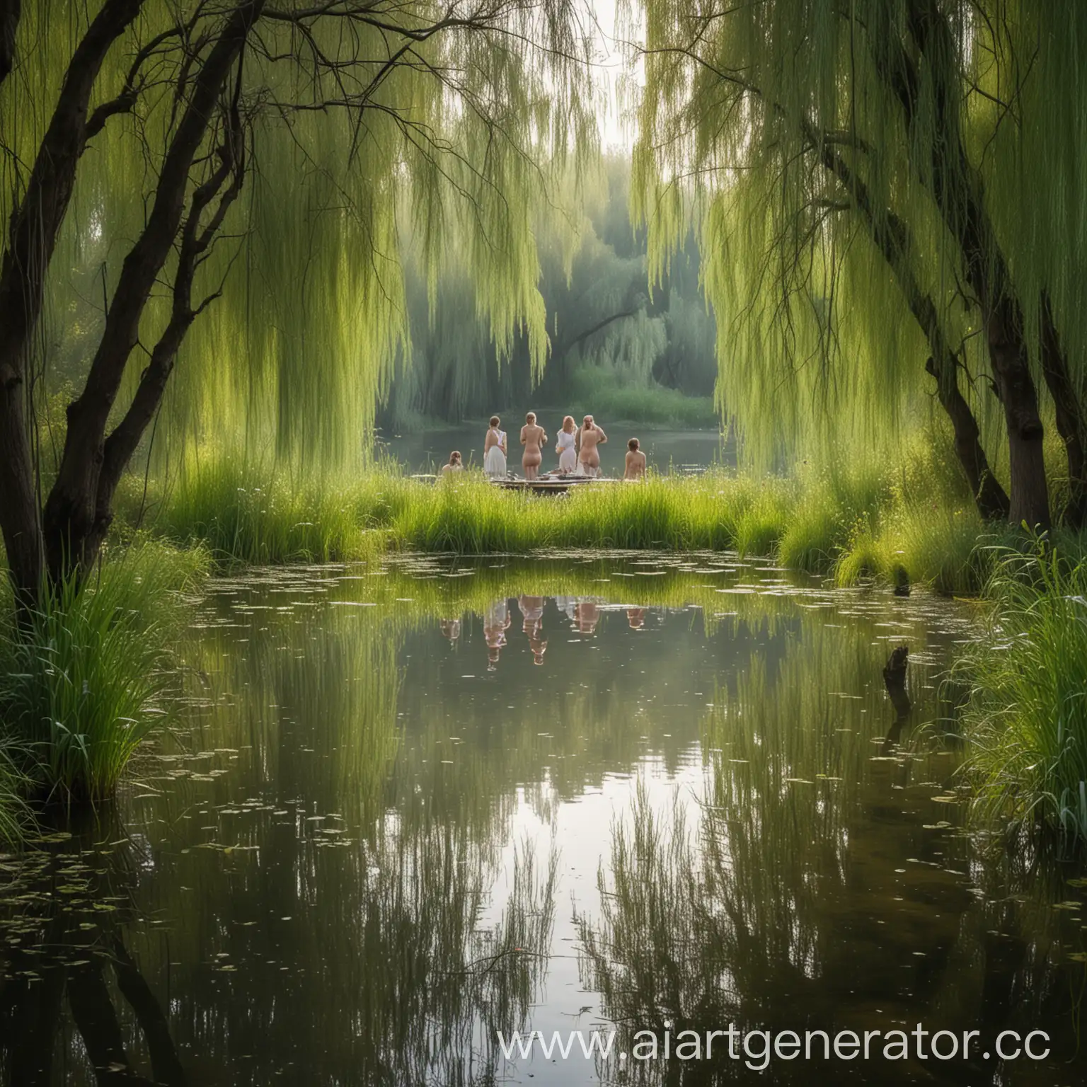 Mystical morning landscape with a pond surrounded by willows and five women bathing in the pond and looking at us.