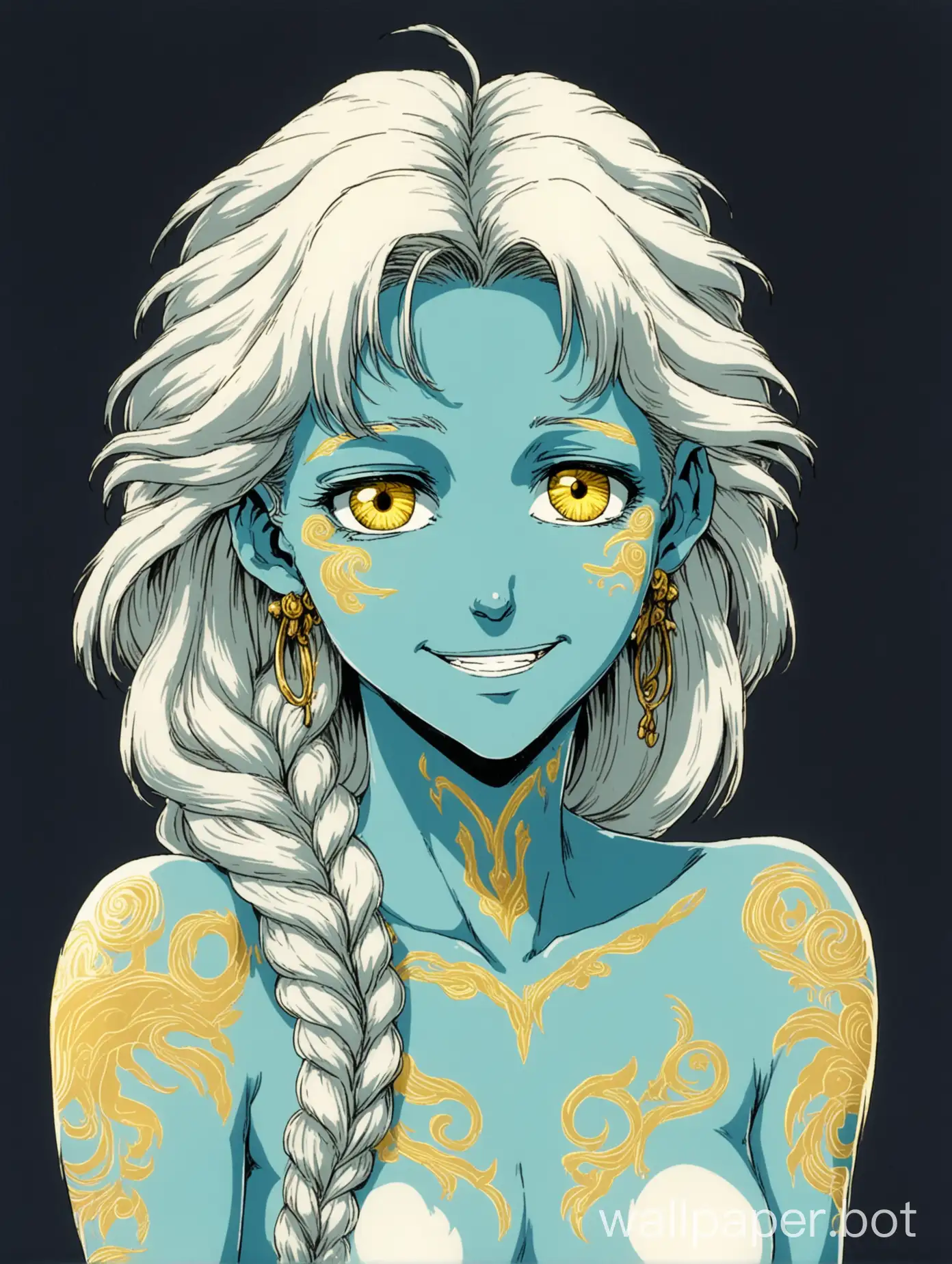 1980s retro anime, full body portrait of an attractive young woman with cyan skin, she has cyan skin, yellow eyes, she has long messy loosely-braided white hair, small gold tattoos on her cheeks, mature face, smile, kind expression, sharp thin face, shy and timid, naked, affectionate and pretty, nonhuman, science fiction interior
