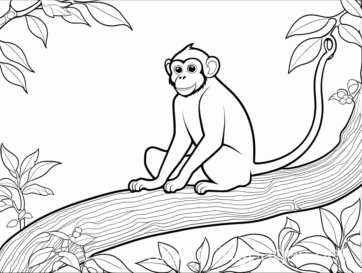 Monkey-Sitting-in-Tree-Coloring-Page-for-Kids-Black-and-White-Line-Art-with-Ample-White-Space