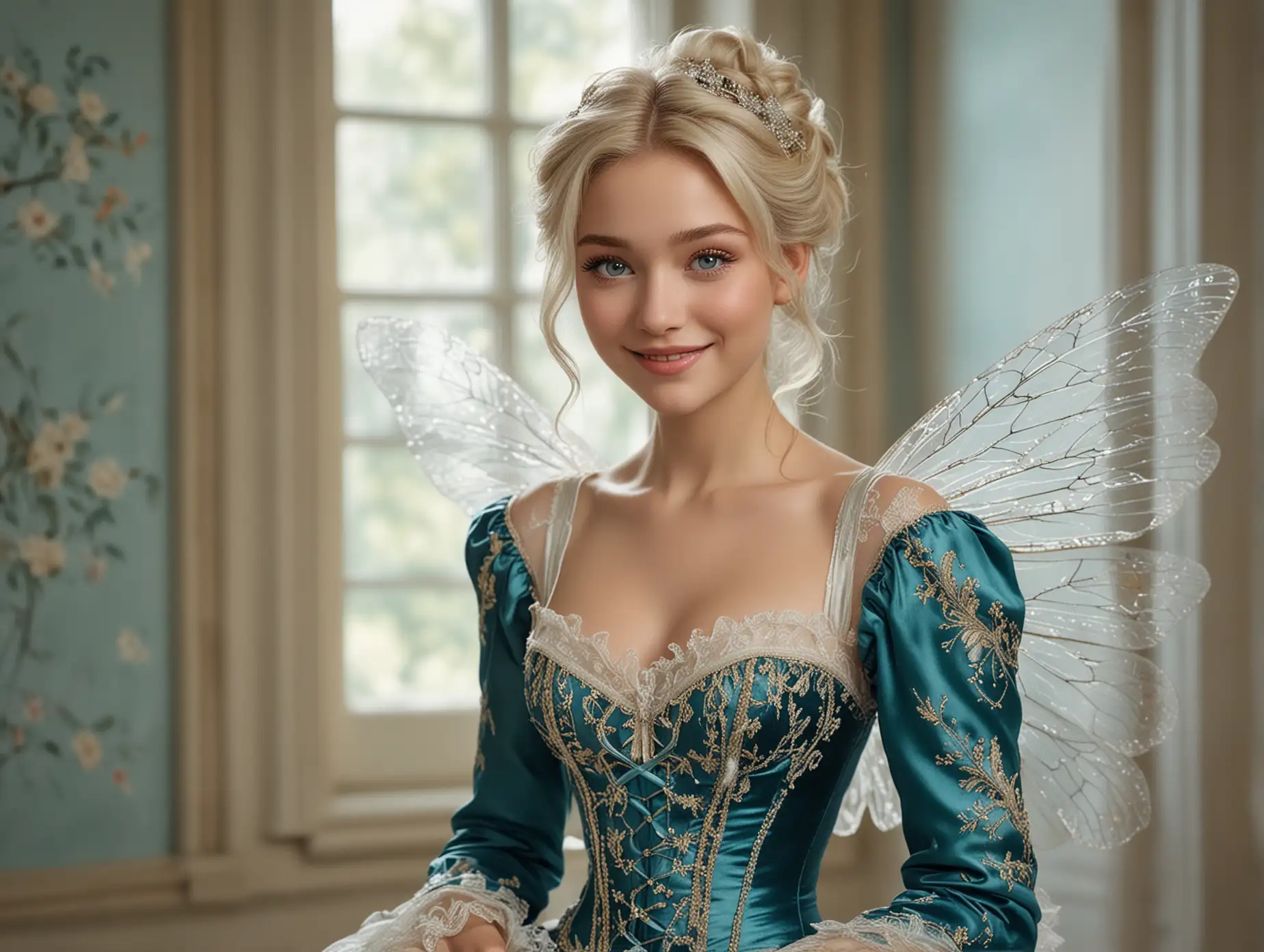 This image portrays a charming, animated fairy with an aura of grace and curiosity. She has stunningly detailed, large iridescent wings that resemble those of a dragonfly, reflecting light and color with an ethereal quality. Her hair is styled in a sophisticated updo with cascading waves of platinum blonde, and her facial features are highlighted by bright blue eyes and a gentle, welcoming smile.

She wears a bright blue velvet teal jacket with delicate, lace-like trim at the edges, and underneath, a corset-style top adorned with intricate, pastel-colored embroidery that adds a touch of elegance to her appearance. The background suggests she is in a sunlit room with a view of the outside through a window, creating a warm and inviting atmosphere. The table in front of her holds a scroll, hinting at a setting of study or planning, perhaps for an enchanting adventure. Overall, the image blends fantastical elements with a serene domestic scene, encapsulating a moment of peaceful contemplation or creativity.