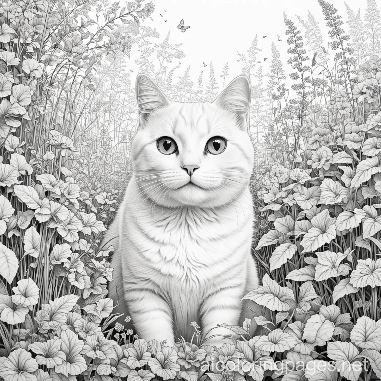 happy cat in the garden, Coloring Page, black and white, line art, white background, Simplicity, Ample White Space