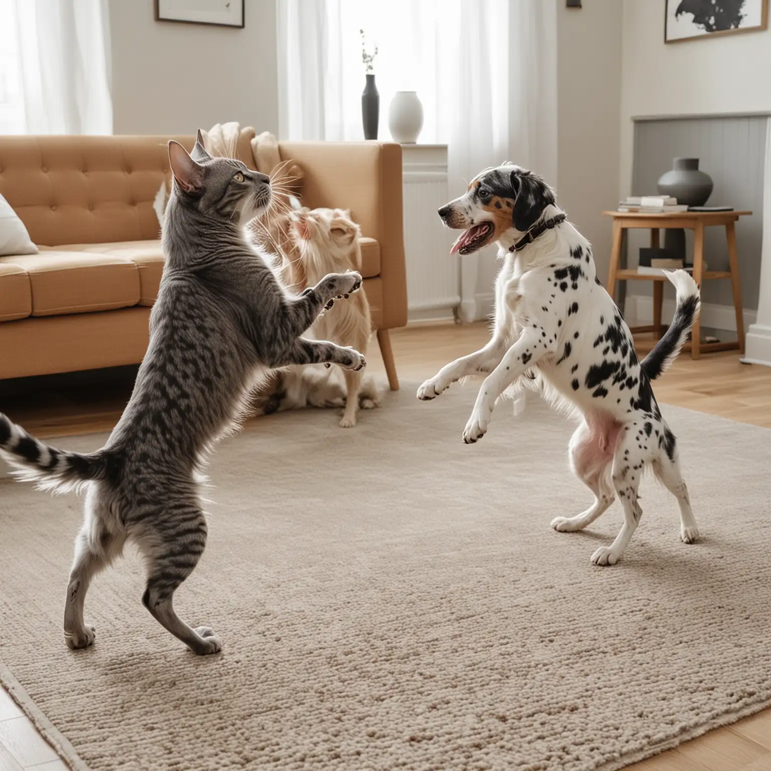 A GREY CAT FIGHTING WITH A BROWN GREY WITH WHITE SPOTS SETTER DOG IN A LIVING ROOM 
