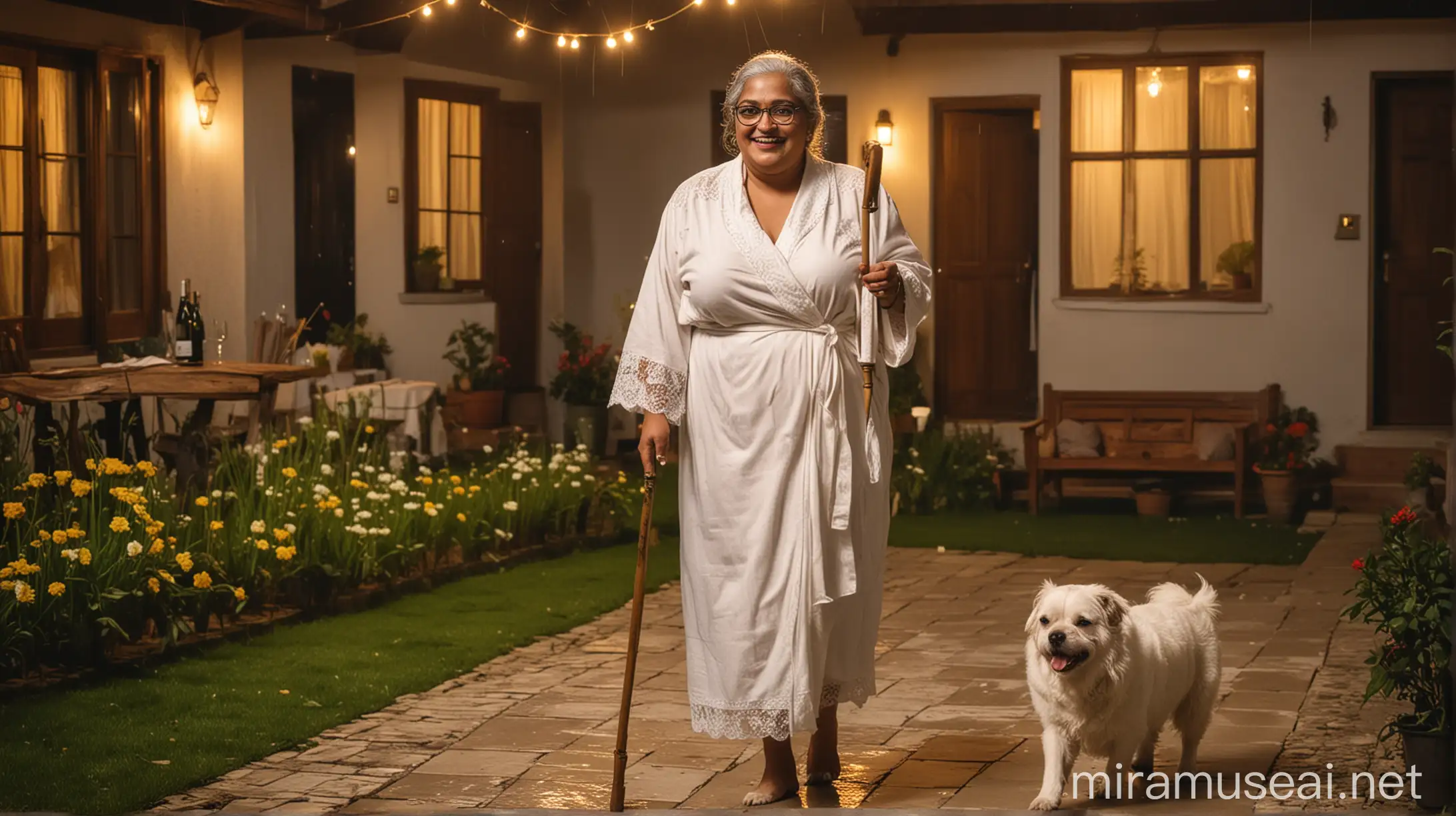 sweet faced old desi  very curvy  fat   woman  with big breasts with tick hair binding on head and big belly walking holding   wooden walking stick wearing   only a transparent white bath robe  on her body  and a golden neck lace and a spectacles. she is happy and laughing . she is  walking with her dog  . its night  time and in background there is a luxurious farm house  with bulb light and luxurious house   with flowers and grass and concrete floor and it is raining . she is wearing heels on feet.  beside on table ther is wine bottle and glass are with mutton curry are there.