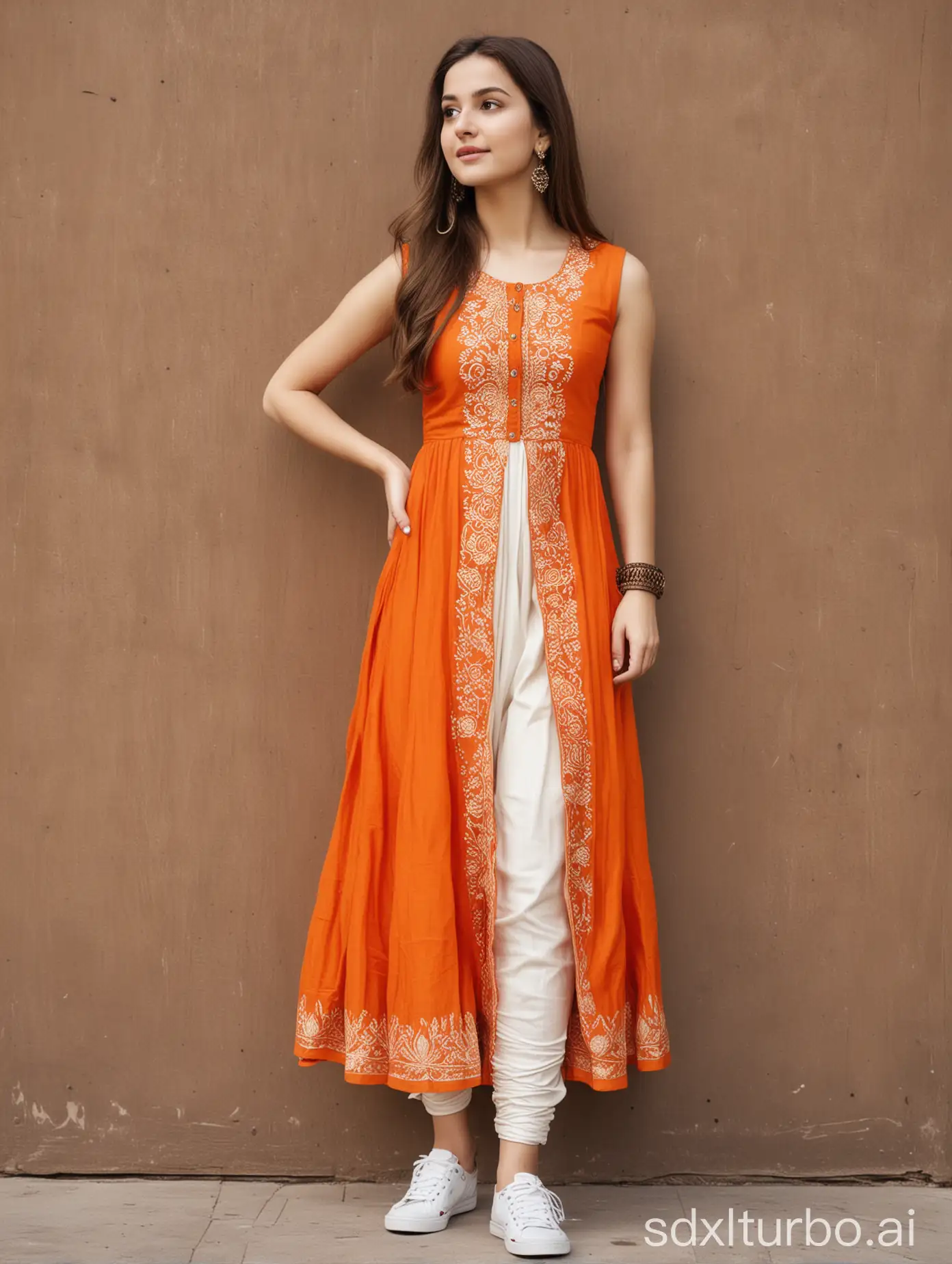 young Caucasian woman, long brown hair, slim body, wearing orange sleeveless Indian Anarkali, wearing white sneakers, full body