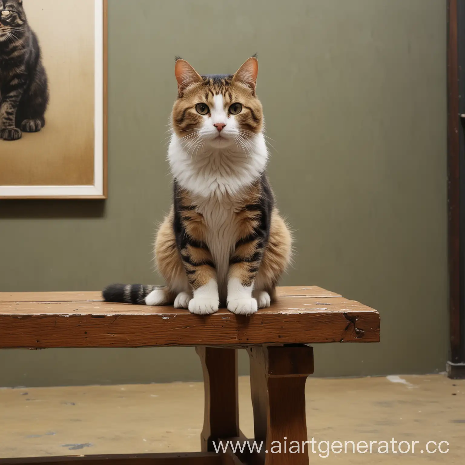 Суперреалистичная кошка, в музее, сидящая на скамейке, под картиной, Фотография, 3:4, реализм