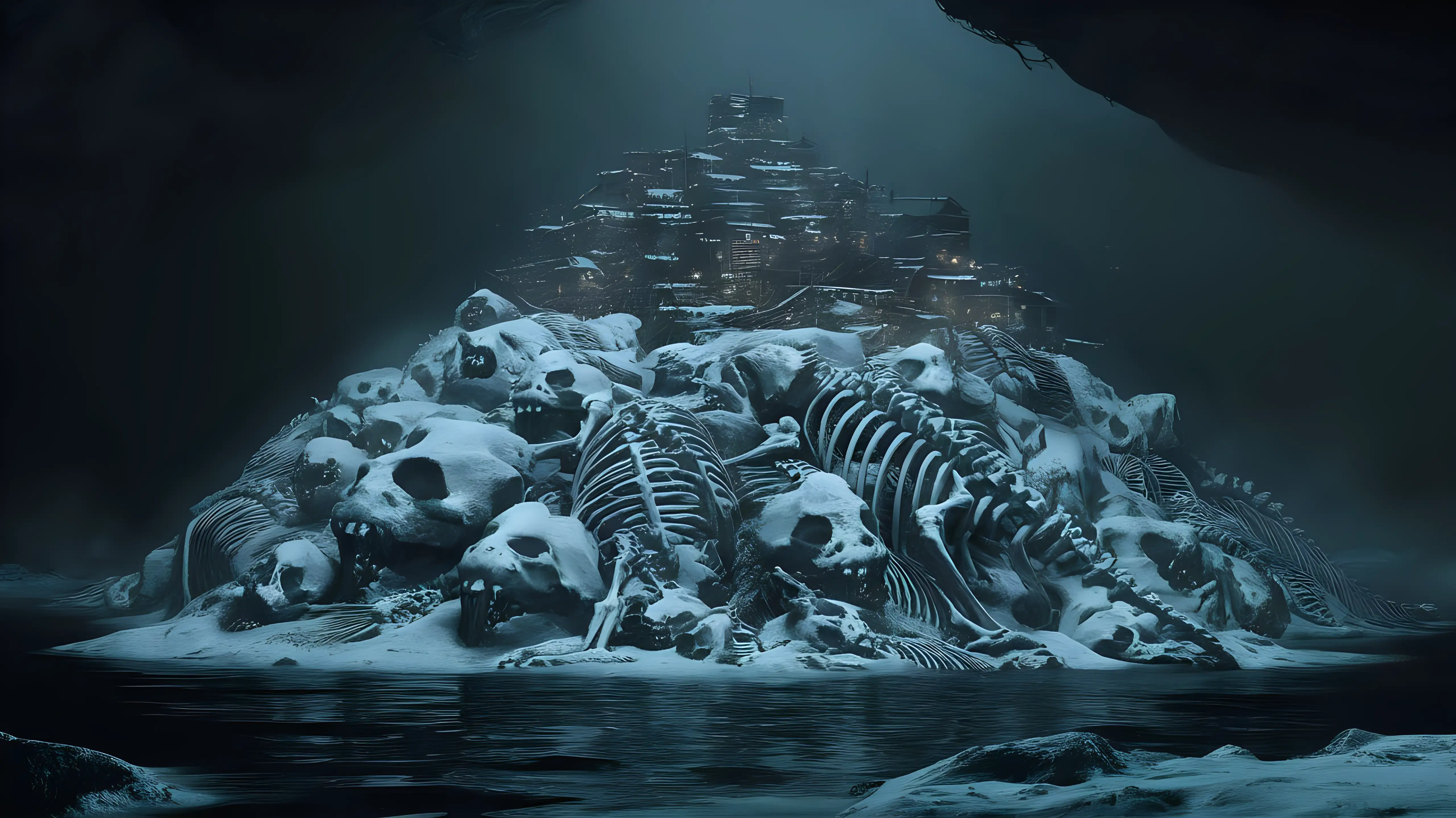 Snow-covered skeletons of various giant creatures rise from underwater in a massive uneven pile. On top of the skeletons is a ramshackle city that spans from the top of the pile to the water It has to be inside a giant cavern only seen far away to the distance and surrounded by black water. Light only comes from the village itself, there is also a lot of fog.