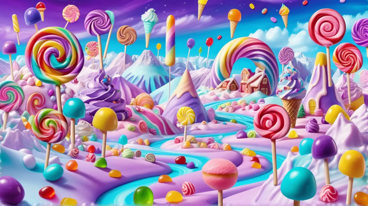 Whimsical candy wonderland. Lollipops by a magical bright-turquoise-sugar river surrounded by candy and gummies and ice cream. Jelly beans, gum drops, skittles and candy in the middle of ice cream-frosting hills. Purple. Blue. 8K. bright-yellow, and purple sky with cotton-candy clouds and sugar rainbows.