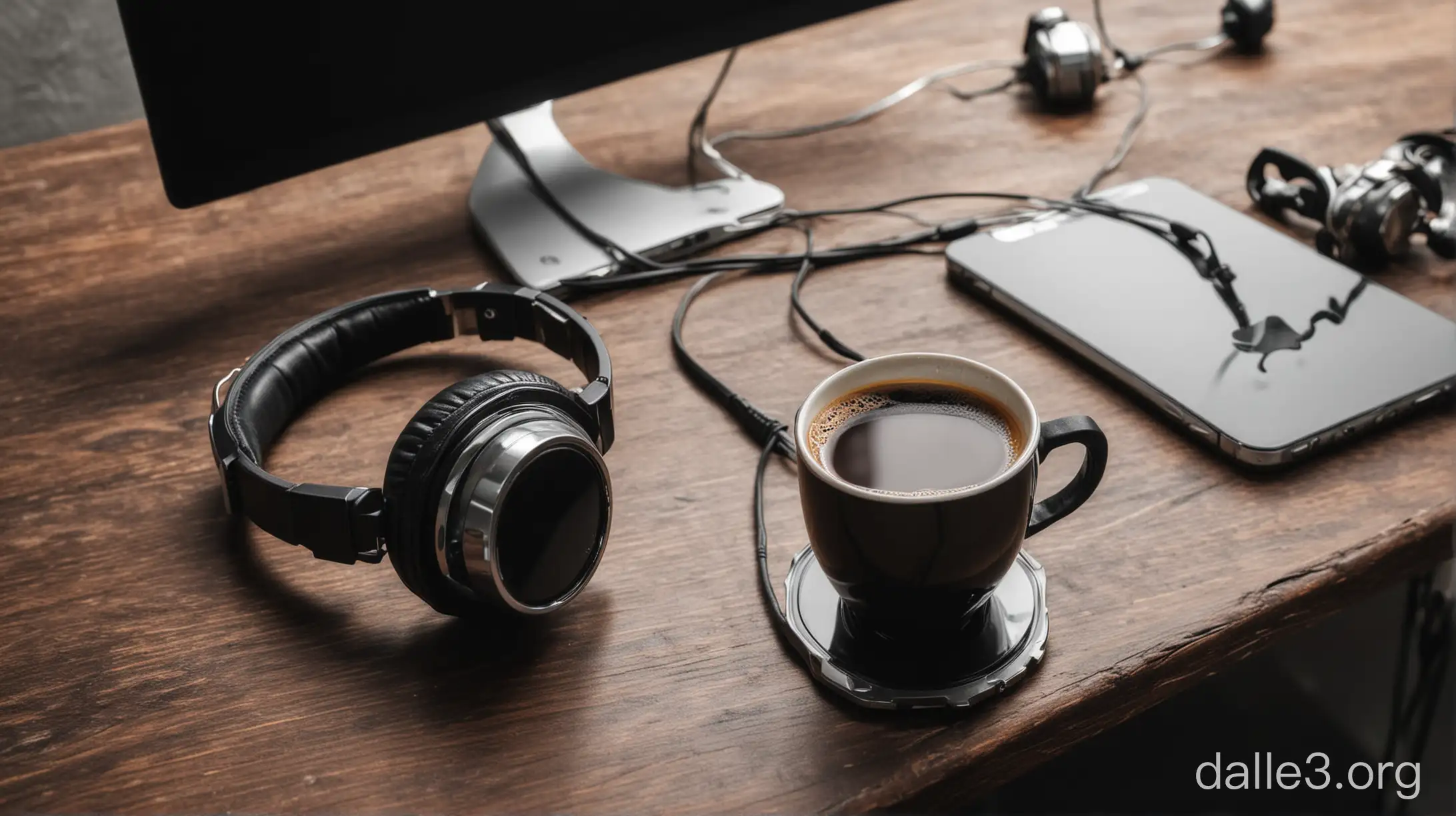 a glass of black coffee and a metallic headphone on the desk