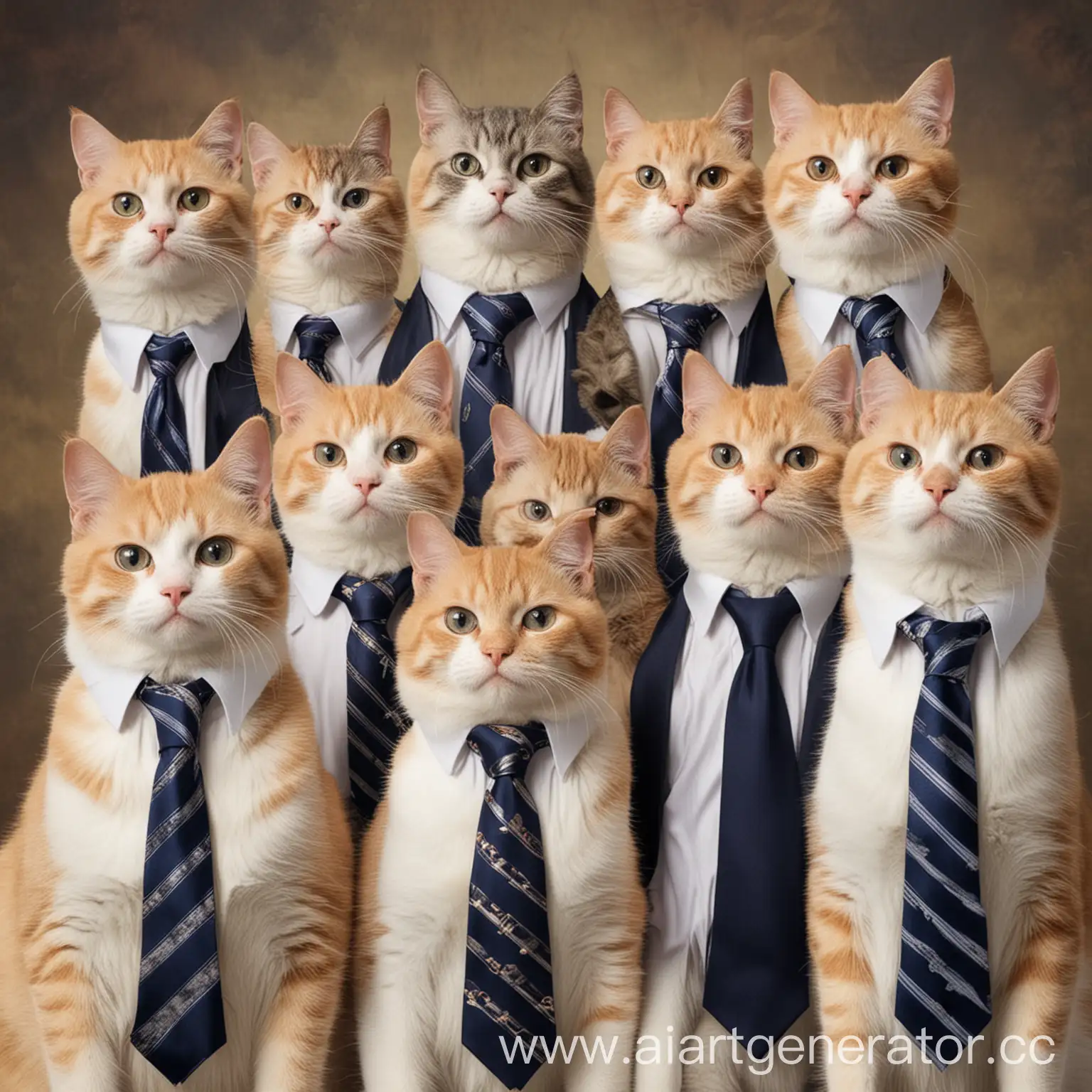 Create a meme picture with 10 cats in ties