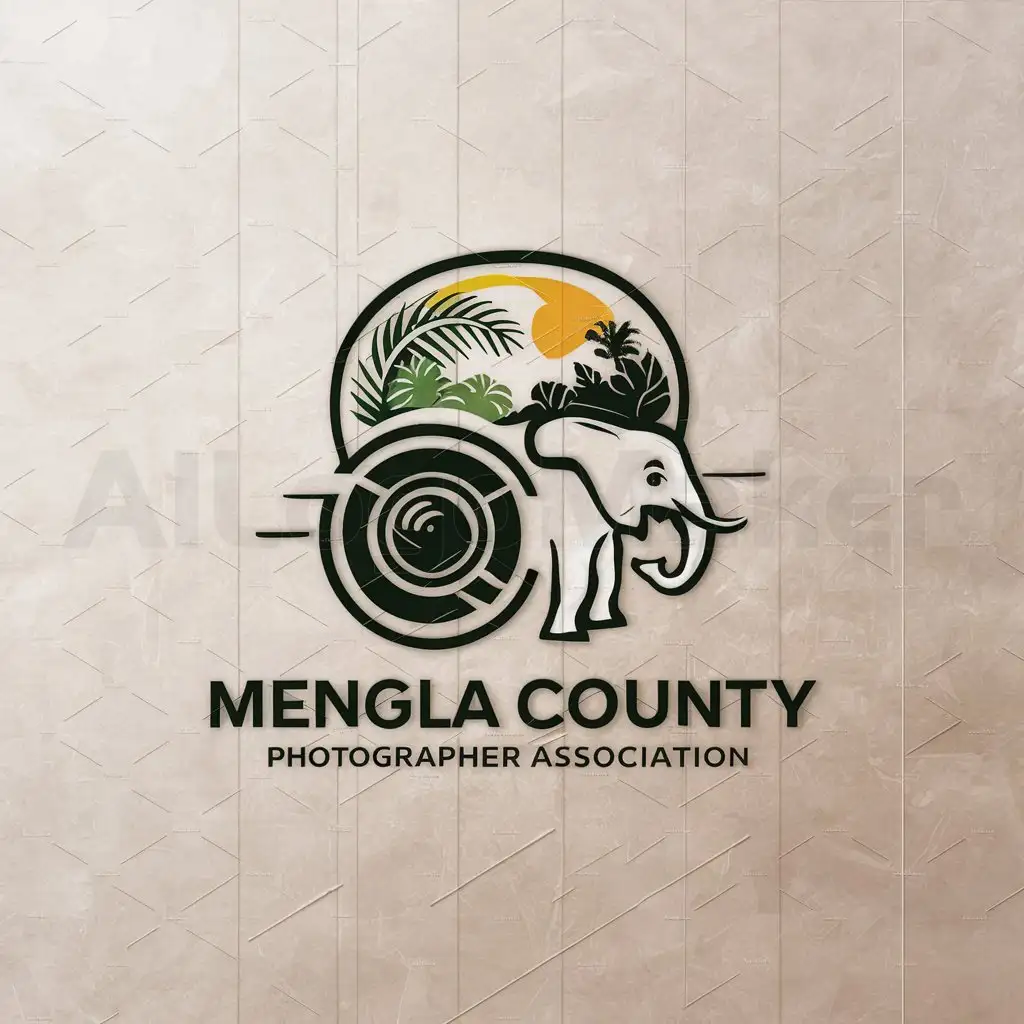 a logo design,with the text "Mengla County Photographer Association", main symbol:camera、elephant、tropical rainforest,Moderate,clear background