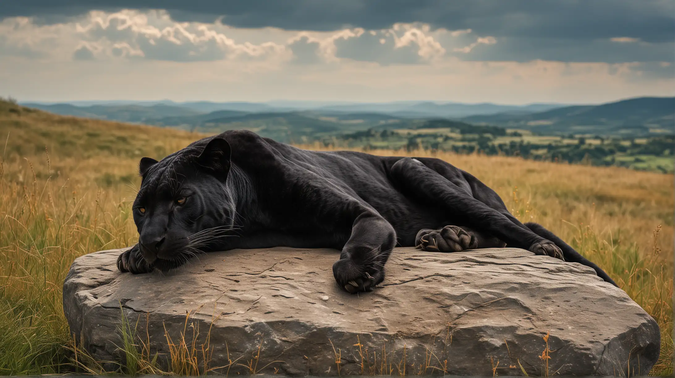 a lonely black panther sleeps on a big flat stone on the top of  a low hill in the grassland, psychodelic view