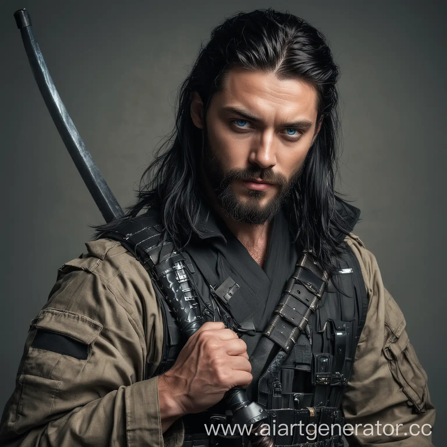 Handsome-Man-in-Military-Gear-with-Katanas