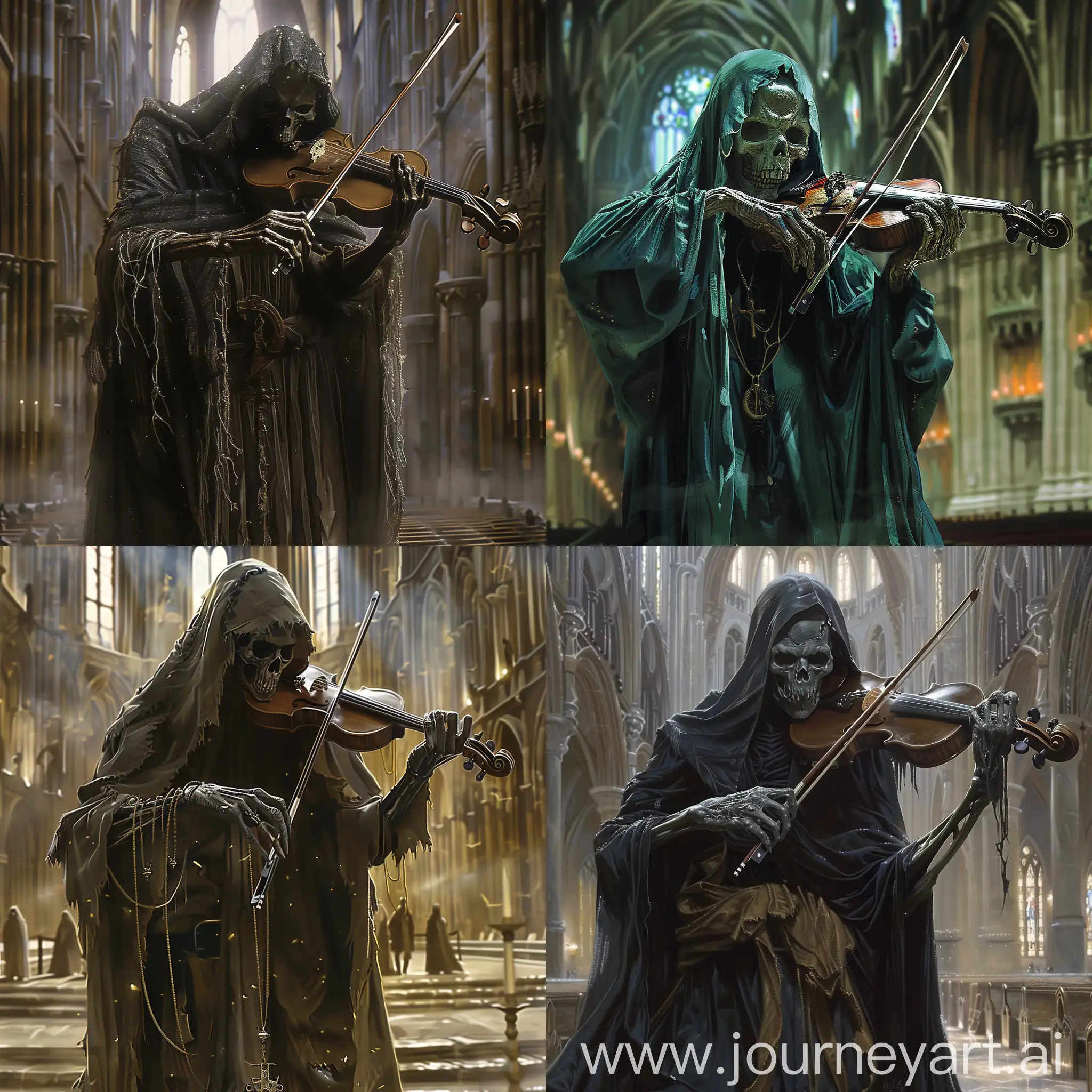 Grim reaper playing violin wearing a cloak playing in a cathedral dark fantasy incredible detail horror