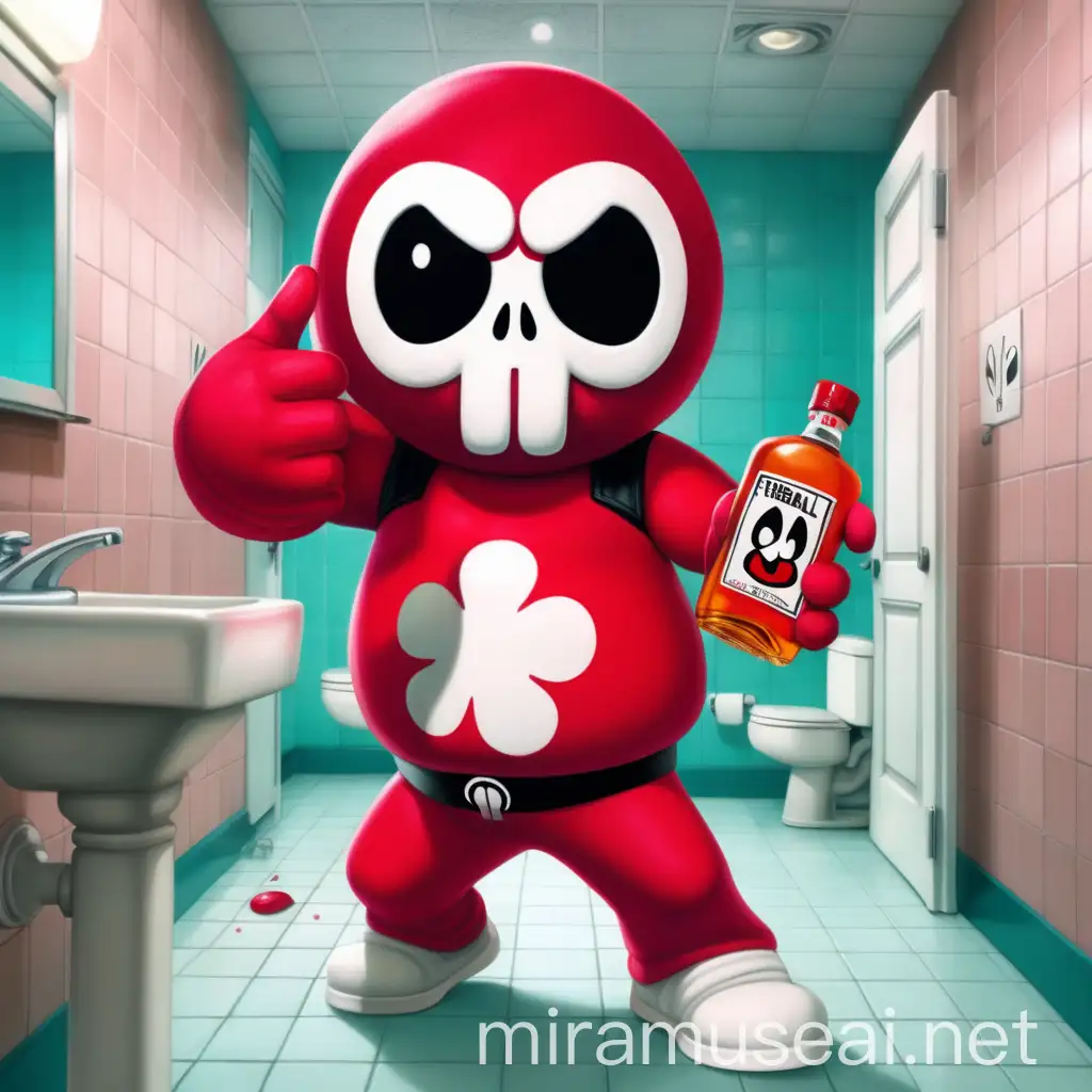 Power puff girl wearing a shy guy mask holding a bottle of fireball liquor and coming out of a unisex bathroom
