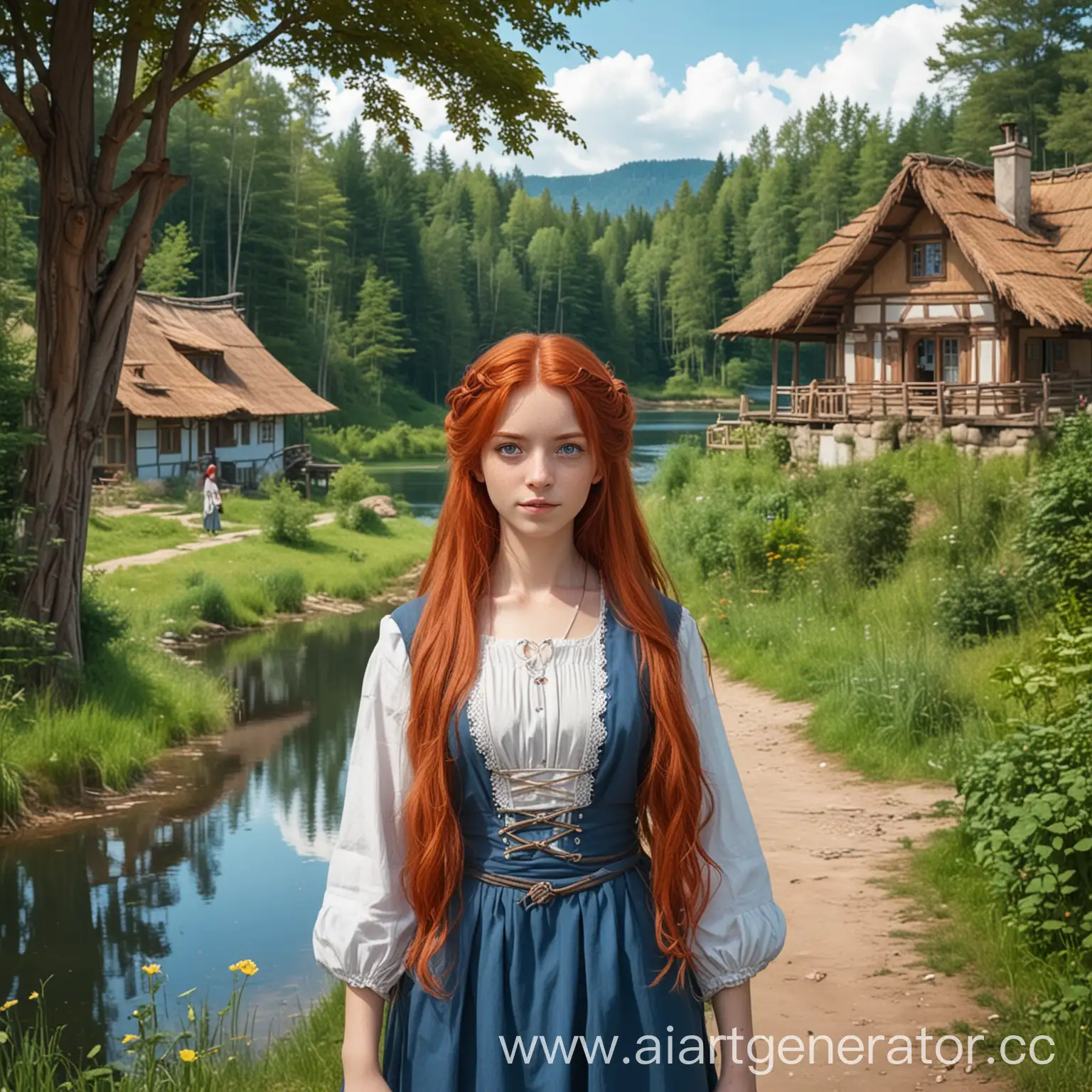 Девушка взрослая с русыми длинными волосами и ярко голубыми глазами. Она одета в деревенскую женскую одежду. Сзади густой лес и дорожка до маленького дома с озером. Стиль аниме-комикс