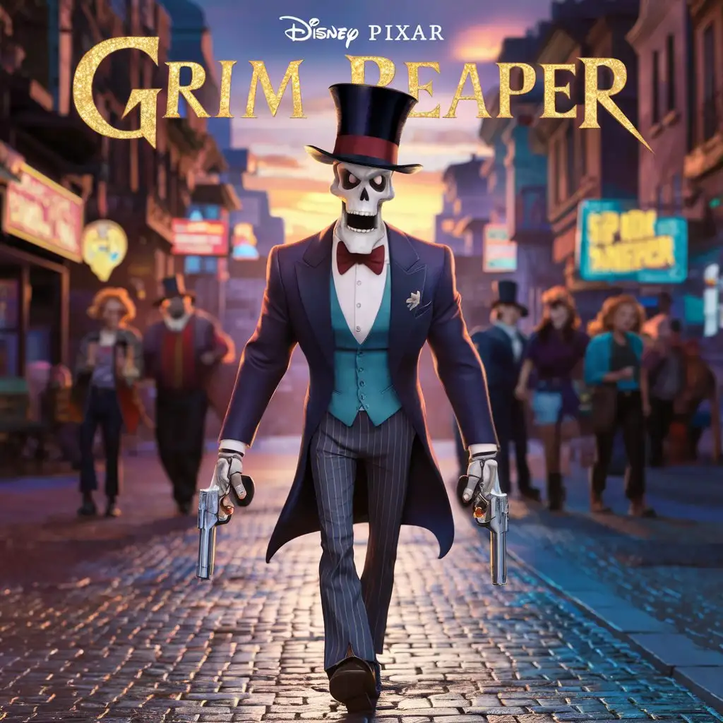 Disney Pixar poster for an animated movie named "GRIM REAPER" with a guy in suit and pistols walking the city