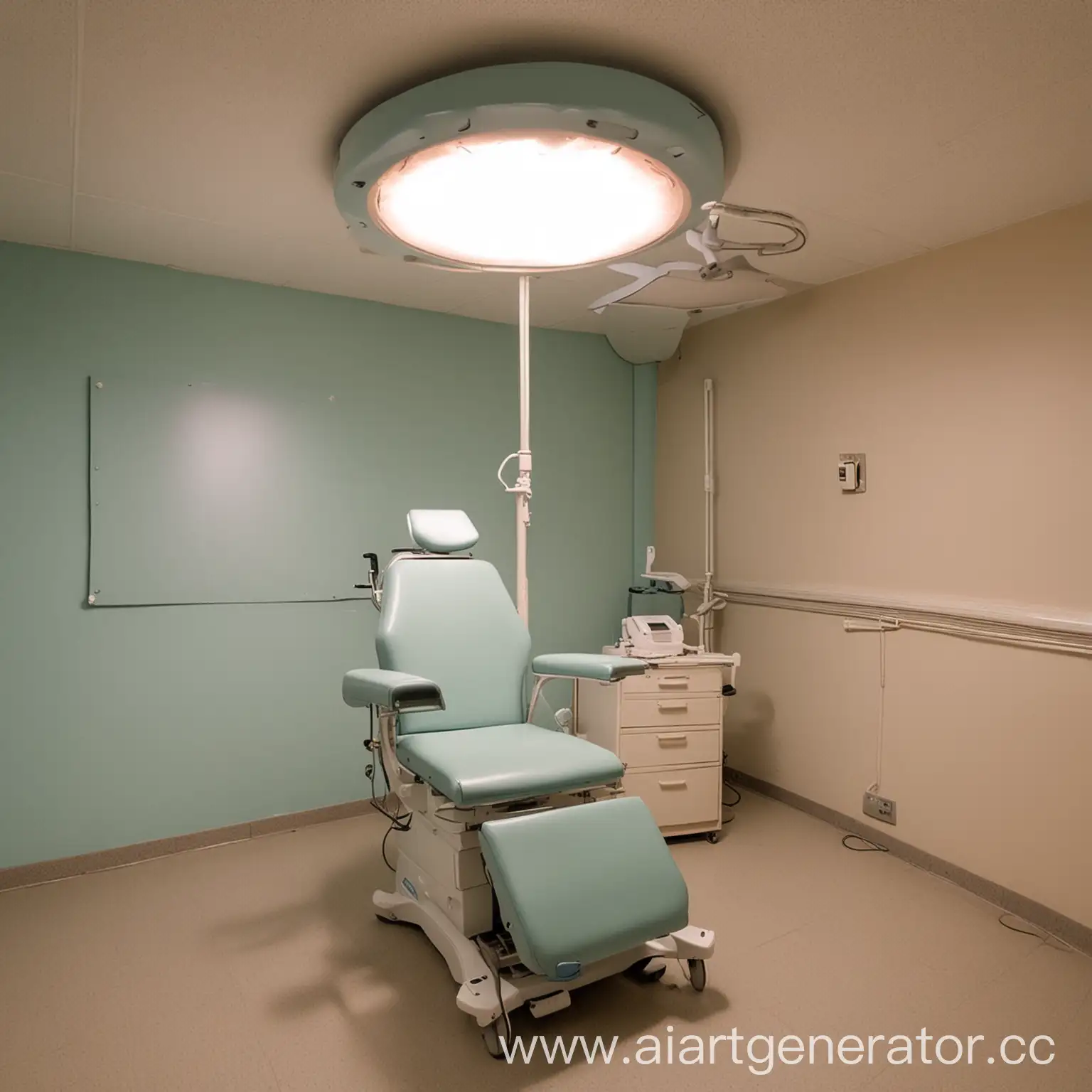 The psychological clinic has a gynecological chair with leg supplies in the middle and a lamp on the ceiling