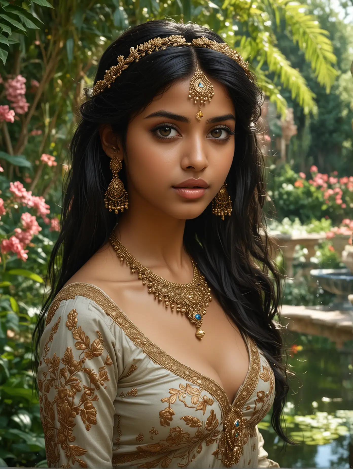 nude Tamil princess  , a girl of Arab origin, black eyes, bronze skin color, a hooked nose, plump lips.Her dark hair is styled in an elegant hairstyle. to be in a lush garden with exotic plants and flowers, where fountains and ponds add coolness and freshness. There may be elements of Arabic architecture around it, such as curved arches and elaborate patterns. The sky above the garden is clear and blue, and the air is filled with the aromas of flowers and spices. hyperrealism, detailed, 32k