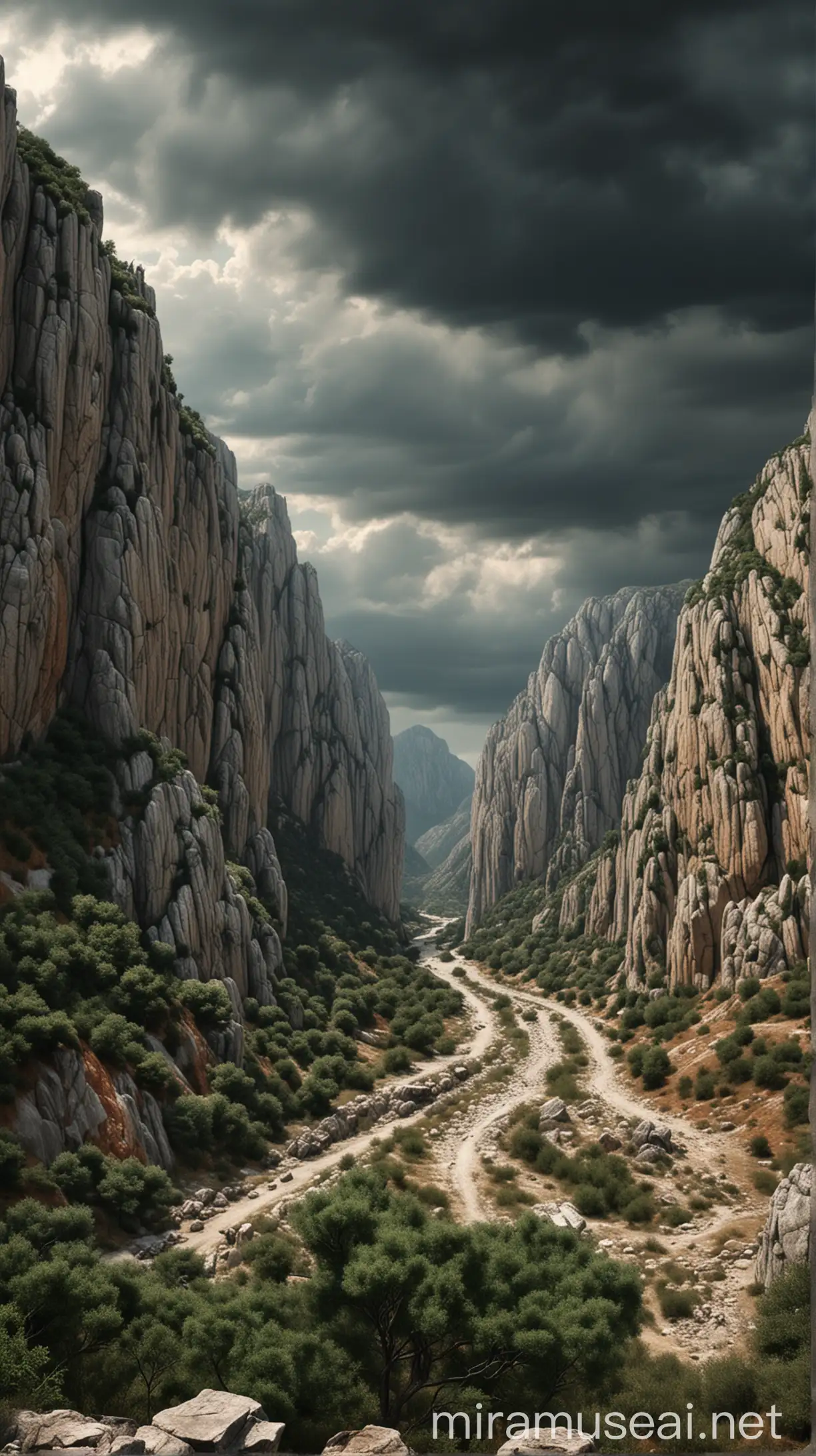 A panoramic view of the rugged landscape of Thermopylae, with cliffs towering in the background and ominous clouds overhead. hyper realistic