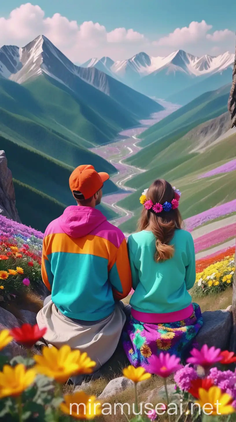 beautiful couple sitting on mountains, looking mountains deeply, shot from behind, wear colorful attire, flowers, hd, 4k, long shot,