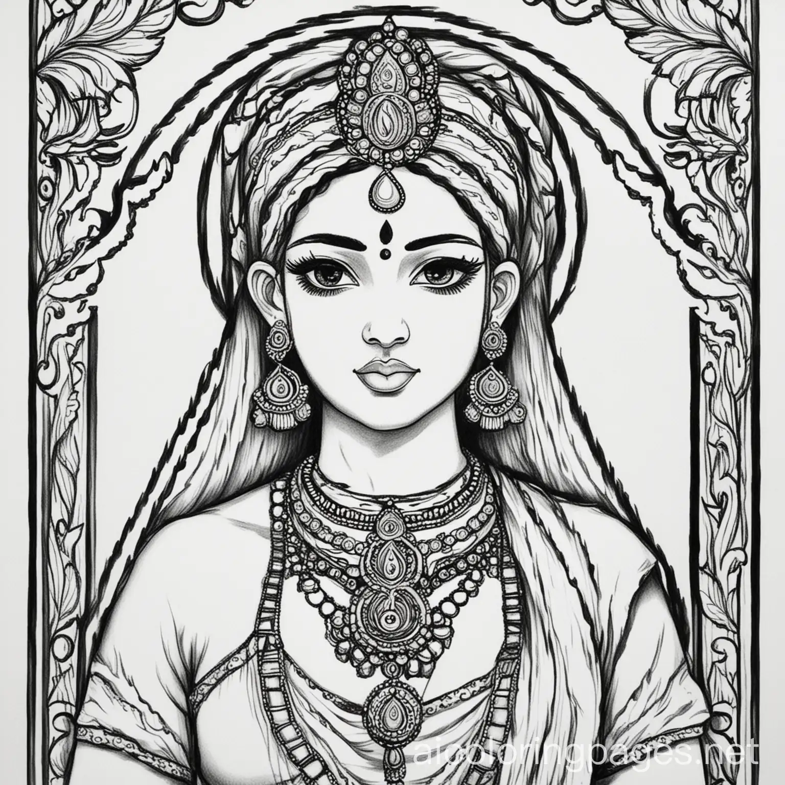 Devi sati, Coloring Page, black and white, line art, white background, Simplicity, Ample White Space. The background of the coloring page is plain white to make it easy for young children to color within the lines. The outlines of all the subjects are easy to distinguish, making it simple for kids to color without too much difficulty