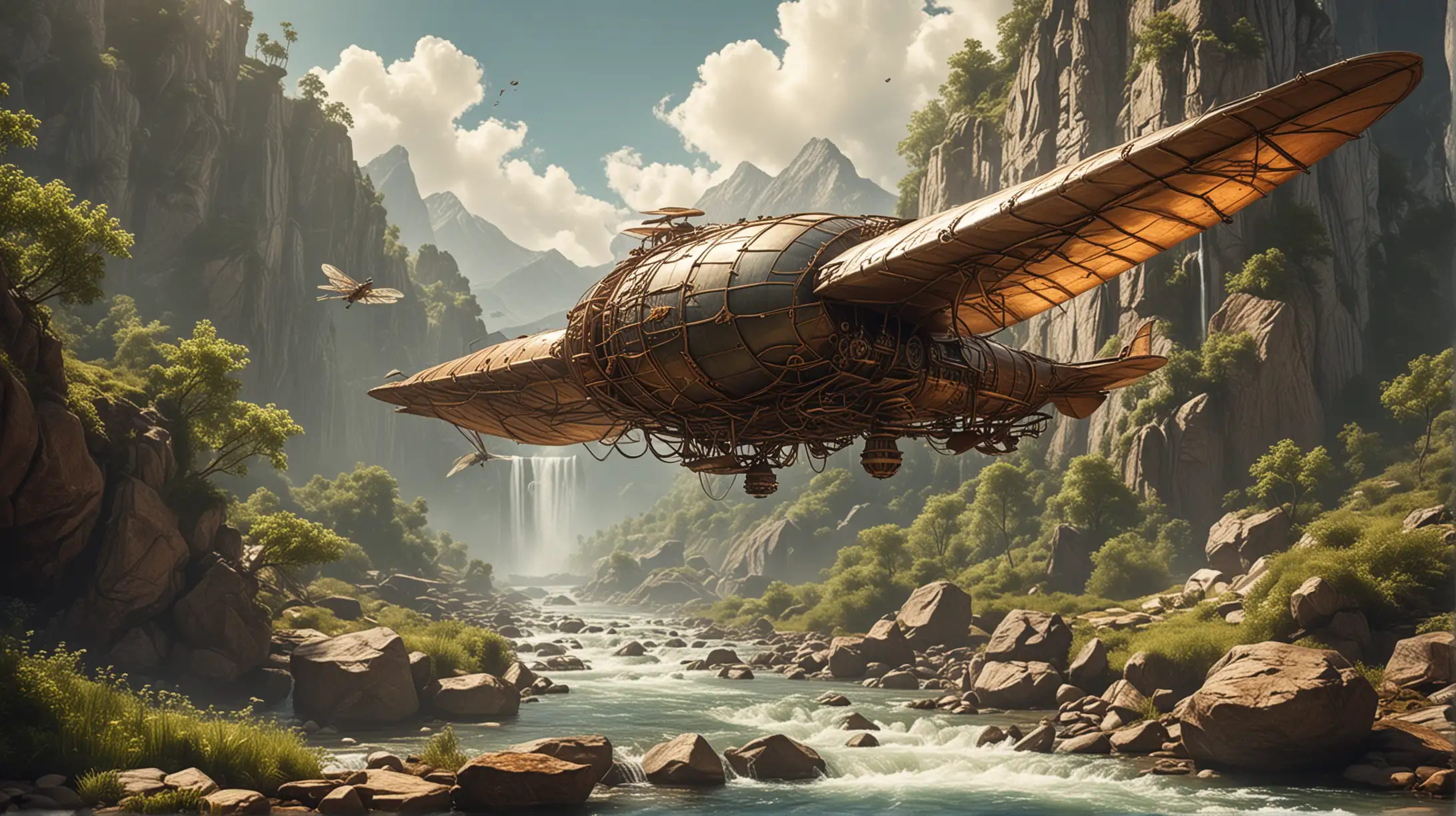 one steampunk airship similar to a dragonfly flies over a mountain stream, sunny