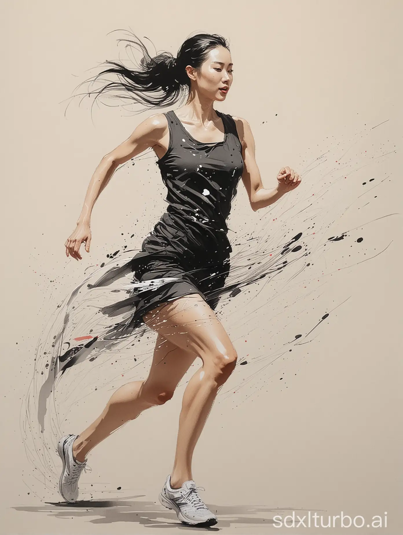a painting of a simply running woman, high speed, solo, in the style of wu guanzhong, Chinese painting, abstract random ink strokes, abstract lines, energetic brush strokes