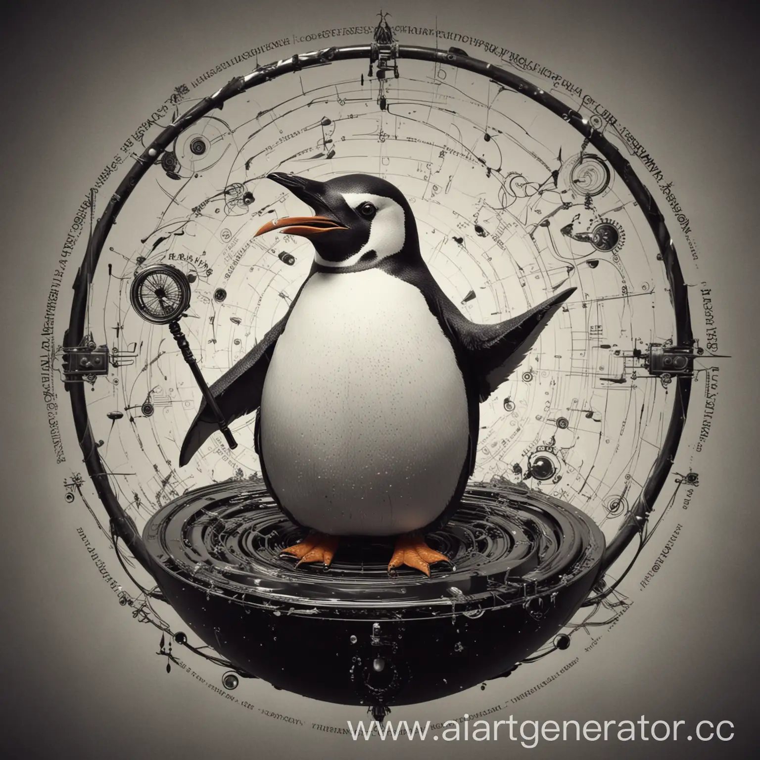 penguin in a whirlpool of spells. Bauhaus style and constructivism. White and black colors. The graphics are in steampunk style. The penguin is holding a magic wand.