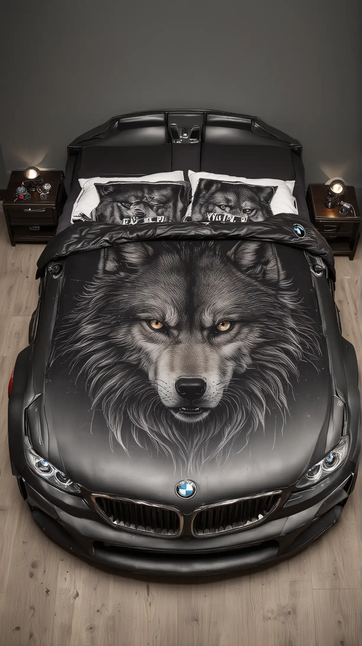 Double bed in the shape of a BMW car with headlights on and evil and good wolf graphics
