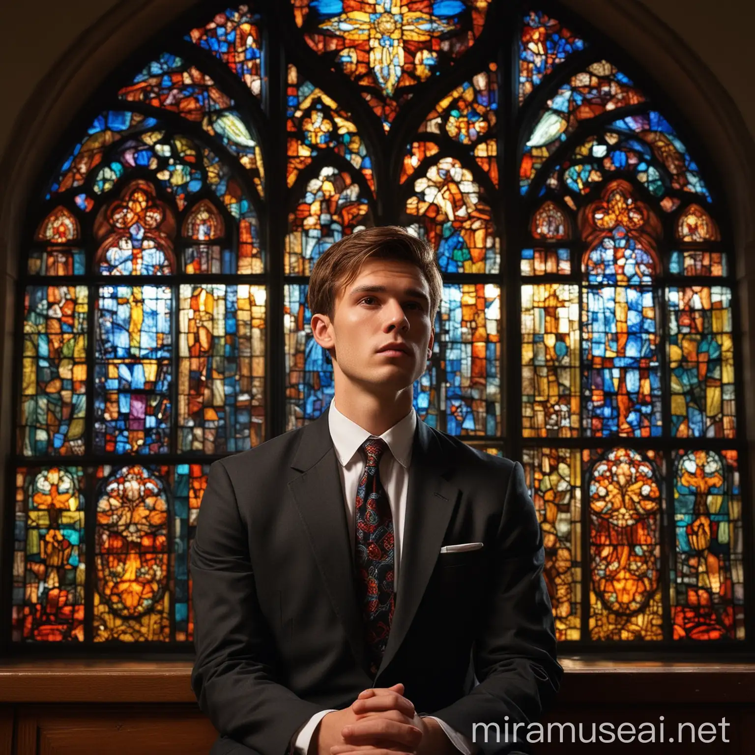 Create a visual arts artwork depicting a 27-year-old man with brown hair, wearing a formal suit, sitting in a church illuminated by vibrant stained glass windows. The man should exude a sense of contemplation and introspection, with a subtle expression of awe and reverence as he gazes at the intricate patterns of light and color streaming through the stained glass. The church interior should be intricately detailed, capturing the grandeur and solemnity of the space, with attention to architectural elements such as arches, pillars, and religious symbols. The stained glass windows should be the focal point, showcasing a kaleidoscope of colors that cast dynamic reflections on the man's face and clothing, enhancing the atmosphere of spiritual transcendence and artistic beauty.