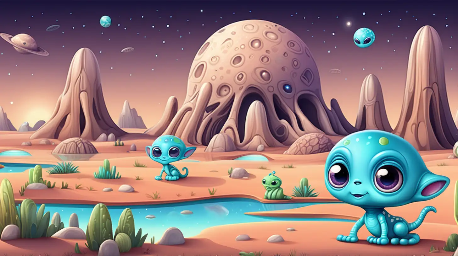 Adorable Cartoon Aliens Exploring Colorful Vector Surface