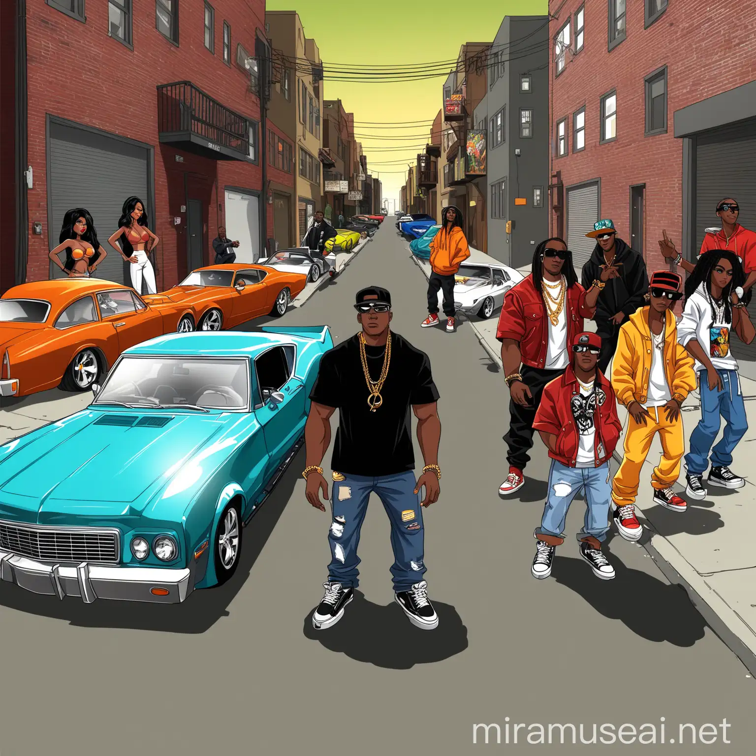 West Coast Hip Hop Album Cover African American Characters and Flashy Cars in Urban Alley