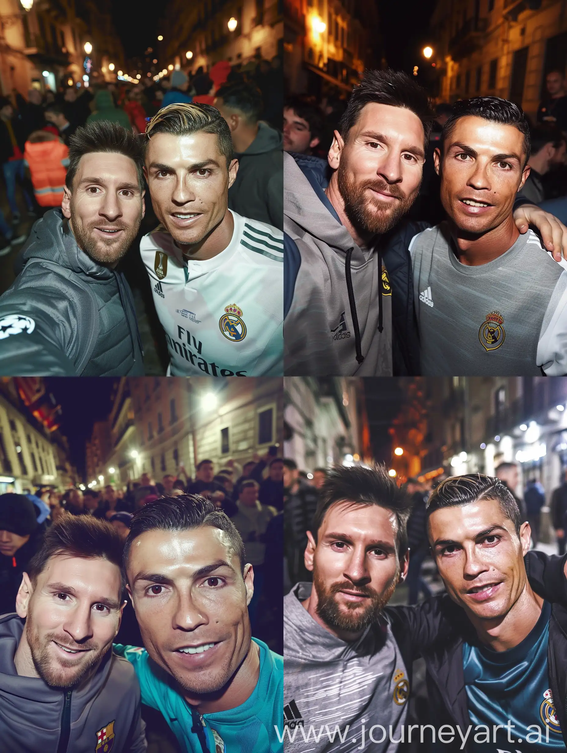 photo taken by a smartphone of lionel messi and cristiano ronaldo   together  in a street. night.