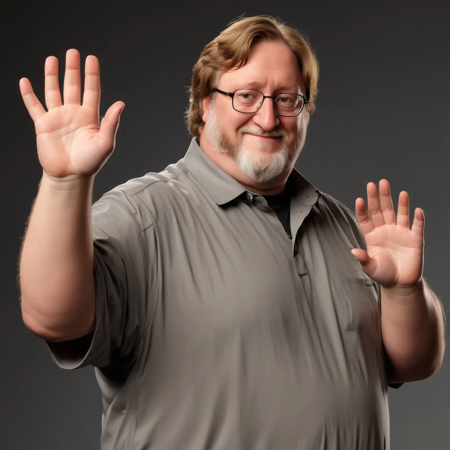 Gabe Newell waves his hand in greeting pose. 