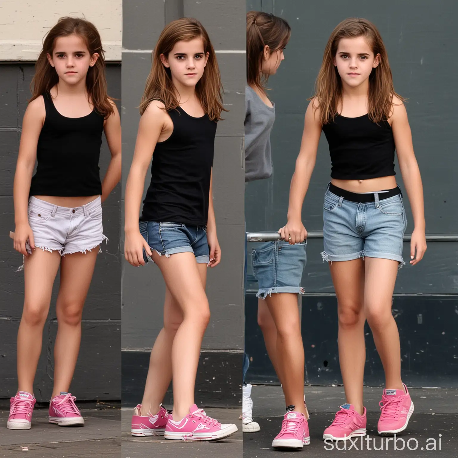 Petite 13 year old Emma Watson with long hair wearing black tank top and jean shorts, and wearing pink and black sneakers