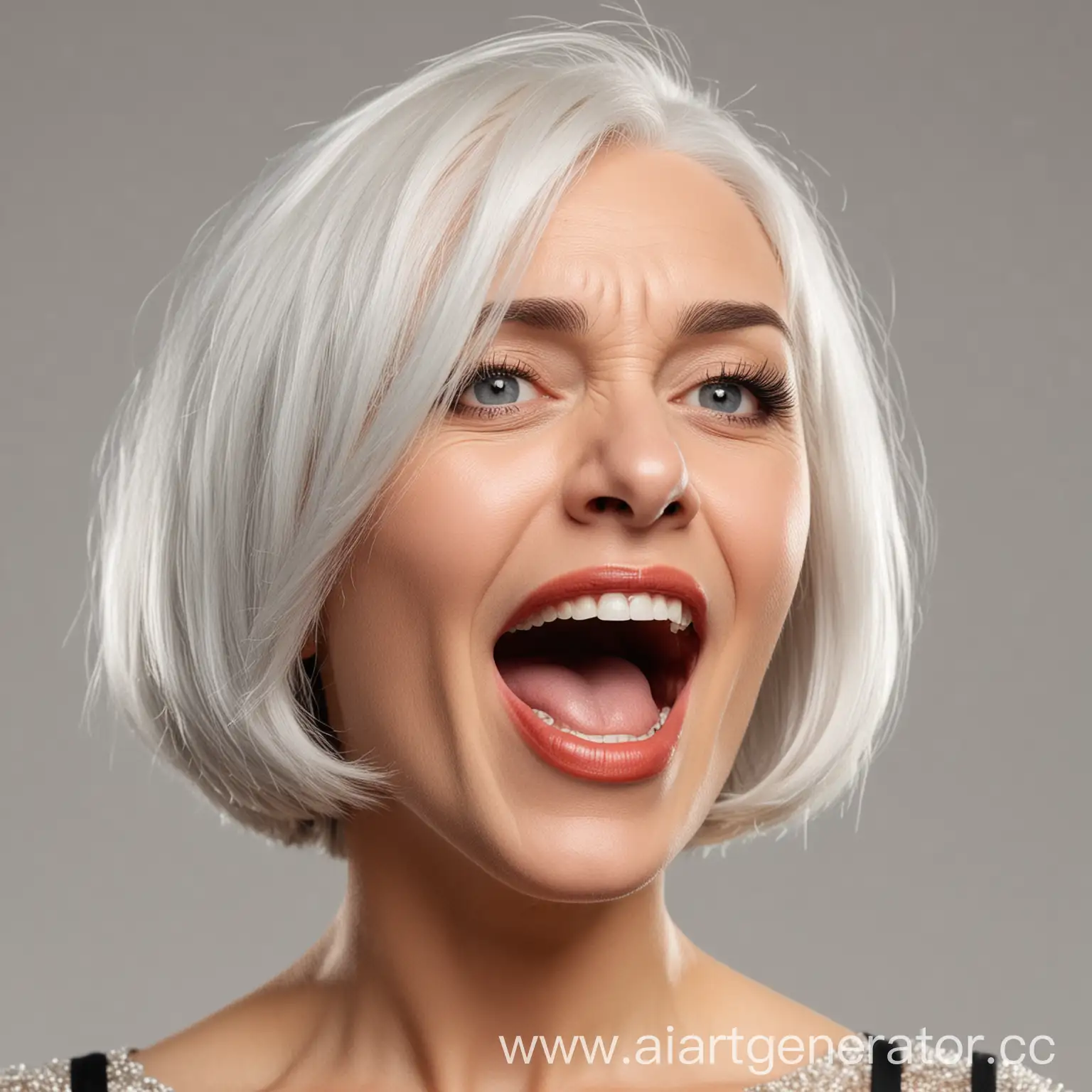 Женщина с белыми волосами и прической каре в возрасте 50 лет орет в микрофон